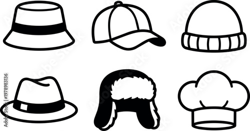 Black and white line art six different hat styles with bucket cap and chef hat