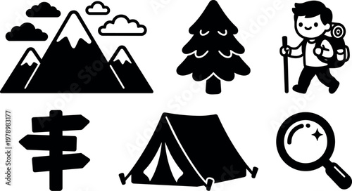 Black and white hiking camping icons with mountain tent tree and magnifying glass