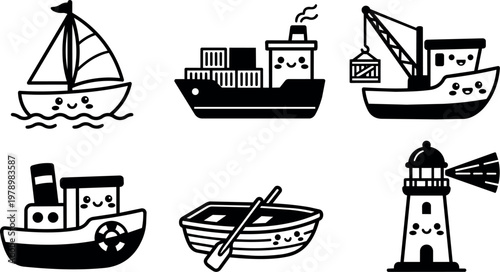 Cute black and white kawaii style sailboat cargo ship fishing boat rowboat and lighthouse icons