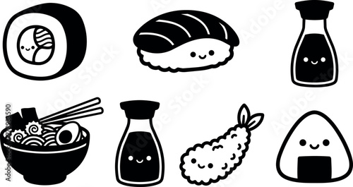 Cute black and white kawaii sushi ramen tempura soy sauce icons vector art