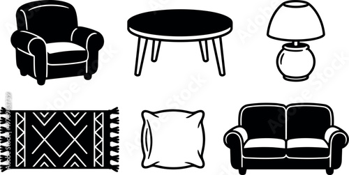 Living room furniture with armchair sofa table lamp pillow and rug