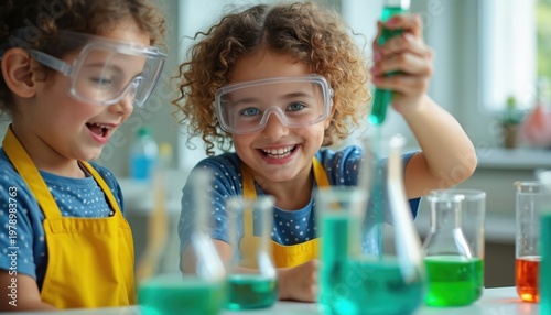 Two young kids wear safety goggles, yellow aprons, performing chemistry experiment with colorful liquids in test tubes, flasks. Smiling children explore science, education, fun in lab. Future