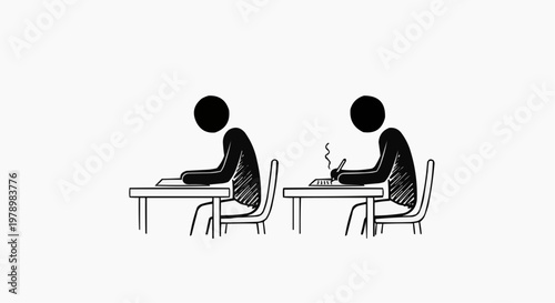 Two stick figures, one sitting straight and other one smoking, are sitting at tables, one with good posture and another with bad posture