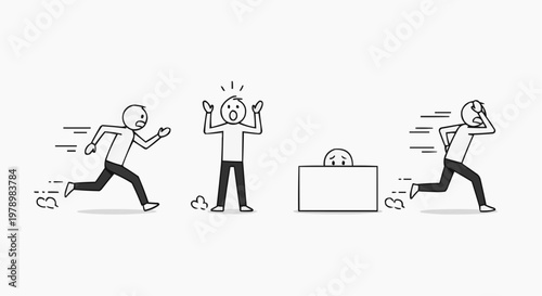 Stick figures in panic and fear, showing various reactions. The first figure is running, the second one is in shock, and the third is also running.