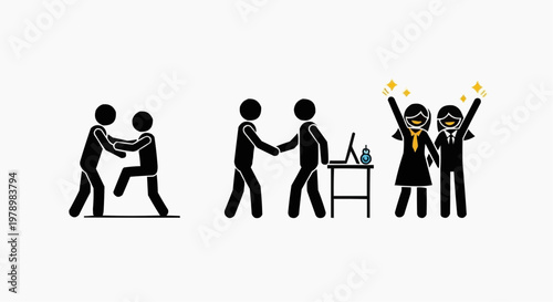 Abstract business stick figures illustrating a range of interactions, from conflict to celebration, against a neutral backdrop