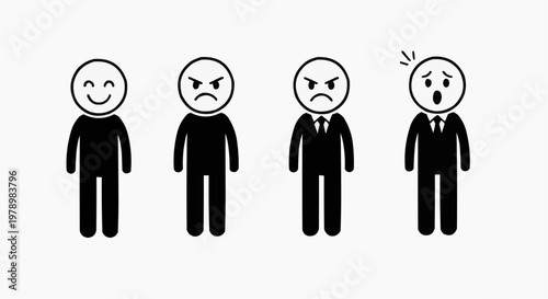 Conceptual illustration of four stick figures depicting a range of human emotions. From left to right, they portray joy, anger, intense frustration, and a state of shock.