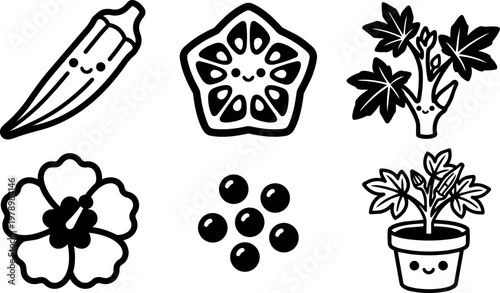 Black and white kawaii okra plant flower seed vector art line icons