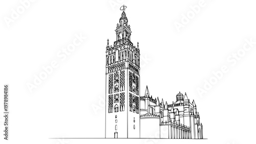 Seville Cathedral and Giralda tower in Spain. vector illustration of church. 