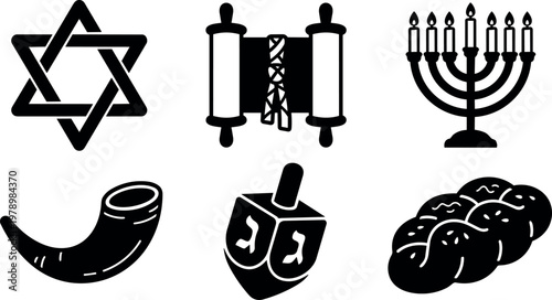 Black and white jewish religious symbols star of david torah scroll menorah shofar dreidel challah bread icon set