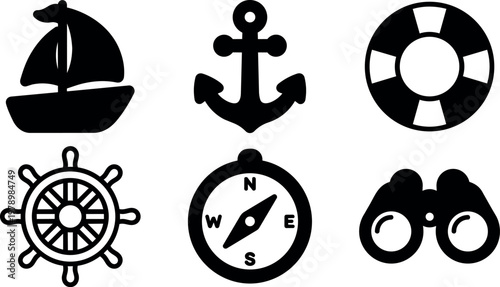 Black and white nautical icons set including boat anchor compass and binoculars