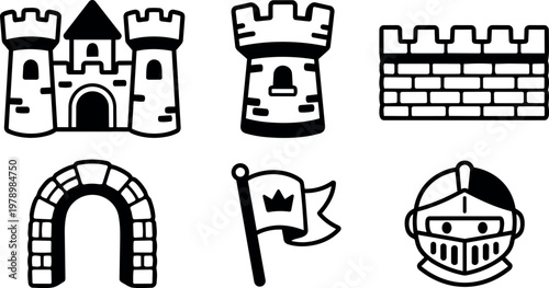 Black and white medieval castle towers arch flag and knight helmet icons