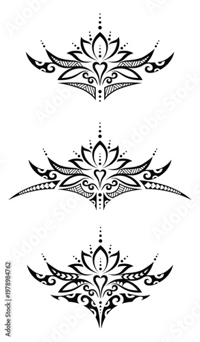 Collection of tribal lotus designs combining Polynesian Maori patterns with ornamental and spiritual elements. Symmetrical black line illustrations suitable for tattoo art, body design, yoga and medit