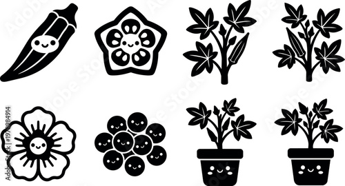 Black and white kawaii okra vegetable and flower cartoon icons with cute faces
