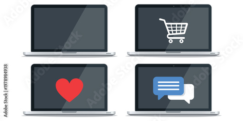 Digital World Interactions: Four laptops display diverse digital interactions, including shopping cart, heart, and messaging icons, symbolizing connection and commerce