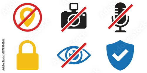 Forbidden Signs: A collection of warning icons, representing restricted actions like camera use and location tracking, alongside symbols for security and privacy.