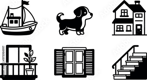 Black and white vector icons of boat dog house balcony window and staircase