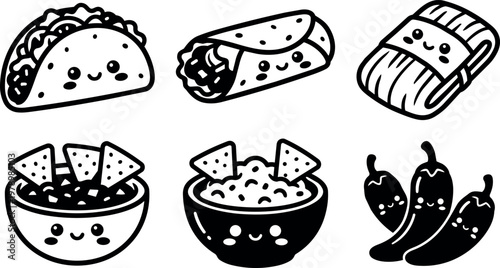 Cute black and white smiling taco burrito tamale nachos chili pepper line art vector