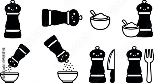 Black and white smiling pepper mill icons with salt bowl fork and knife