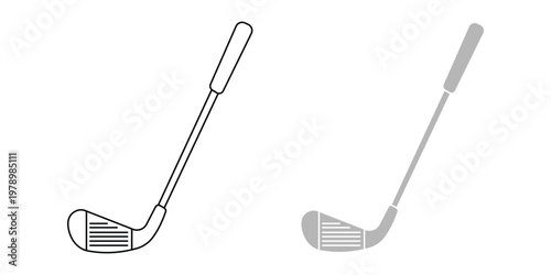 Golf Club Illustrations: Artistic rendering of two golf clubs, a sport equipment. One in outlined form, the other in monochrome. Perfect for sports and leisure themes.