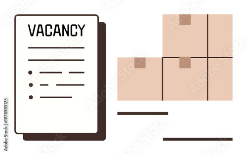 Employment, logistics, inventory management, job search, recruitment, human resources. A job vacancy document next to stacked boxes. Employment and logistics concept