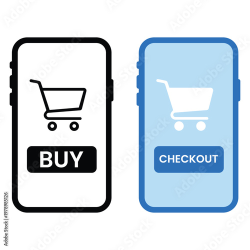 Mobile Shopping Illustration: A pair of sleek smartphones showcase online shopping interfaces with a shopping cart icon and purchase-related buttons, inviting users to browse, add items.