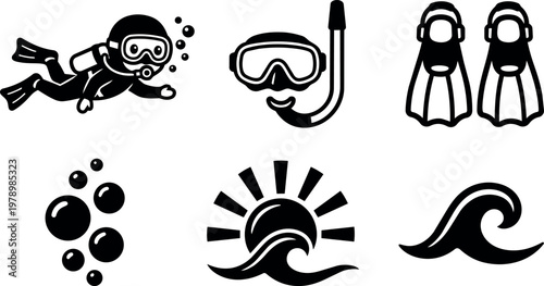 Black and white diver with snorkel mask fins bubbles and ocean wave vector art