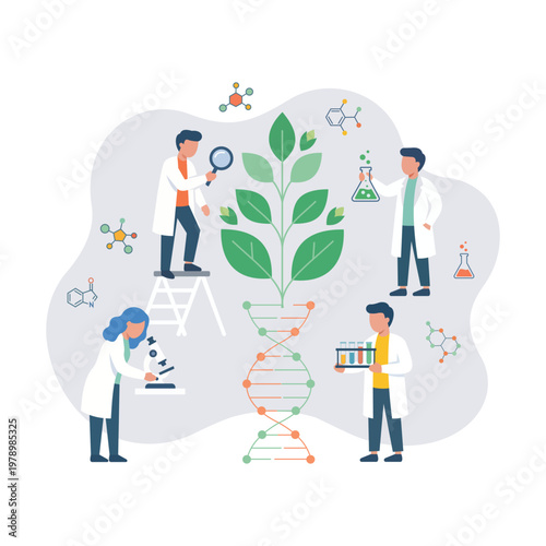 Scientific Exploration of Nature: A team of dedicated scientists engages in meticulous research, focusing on genetic structures of a plant, illustrating the intersection of science and nature.
