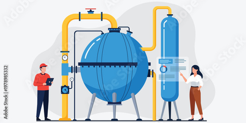 Industrial Inspection: An engineer and technician collaboratively examine an industrial processing setup, focusing on the functionality of the machinery and pipes. 