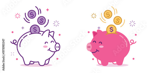 Financial Planning Illustration: A whimsical illustration of two piggy banks, one white and another pink, each with coins representing savings, embodying concepts of wealth accumulation.