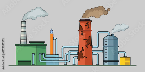 Industrial Illustration: Depicts an industrial plant spewing smoke into the air, illustrating pollution and environmental concern.
