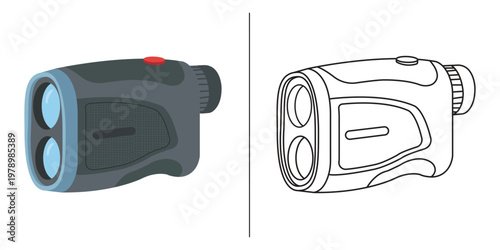 Precision in Focus: An illustration showing a detailed view of a rangefinder, showcasing both its colored and line art forms. A device used for precise distance measurement in outdoor settings.