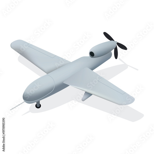 Modern Aerial Technology: An isometric illustration showcasing a sleek, unmanned aerial vehicle (UAV), symbolizing innovation, surveillance, and technological advancement. 