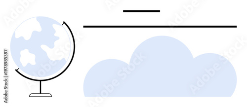 Global communication, cloud storage, data sharing, online services, internet, global reach. Globe and cloud graphics with horizontal line detail. Global communication and cloud storage visualization