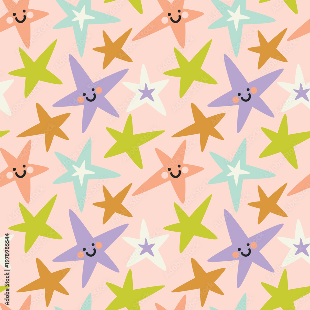 Obraz premium A seamless pattern with cute hand-drawn stars. A cartoon background for children's textile design.