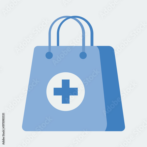 Healthcare Shopping Bag: A minimalist illustration of a shopping bag adorned with a prominent medical cross symbol. Symbolizing health and well-being
