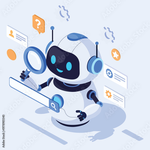 AI Bot's Exploration: A charming, friendly AI bot, meticulously examines search results with a magnifying glass, suggesting a fusion of technology and information.