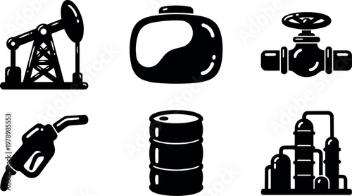 Black and white oil industry icons including pump jack barrel and refinery