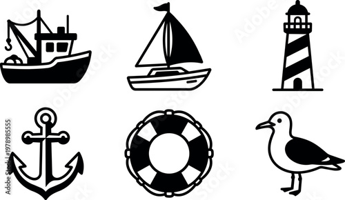 Black and white nautical icons set including fishing boat sailboat lighthouse anchor lifebuoy and seagull