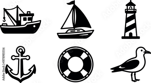 Black and white nautical icons set of fishing boat sailboat lighthouse anchor lifebuoy and seagull silhouette