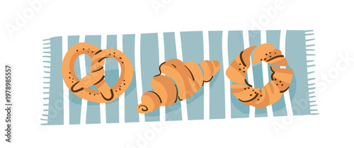 Illustration of baked goods: pretzels, croissants, and bagels, on a blue striped towel. Flat style drawing