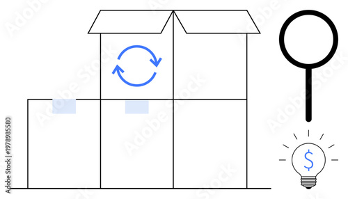 E-commerce, sustainable packaging, online retail, financial analysis, shipping logistics, search tools. Open boxes with recycle arrows, magnifying glass lightbulb with dollar sign. E-commerce