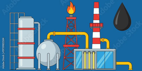 Oil Refinery: An illustration of a modern oil refinery, complete with storage tanks, towering smokestacks, pipelines and a visible flame, and oil droplet.