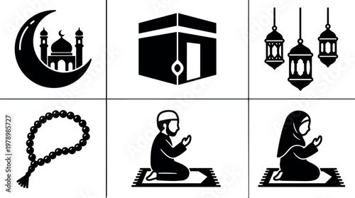 Black and white muslim prayer icons including mosque crescent kaaba lantern tasbih and praying man woman