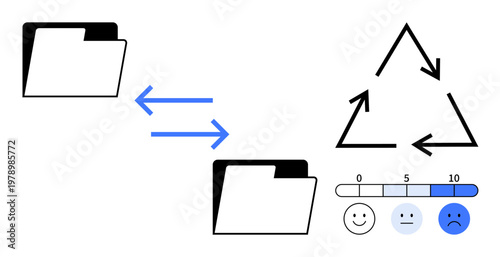 Data management, feedback processes, recycling, digital filing, workflow organization, idea sharing. Folders with arrows, recycling symbol feedback scale. Data management and feedback processes