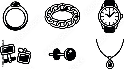 Black and white line art jewelry ring bracelet watch cufflinks earrings necklace