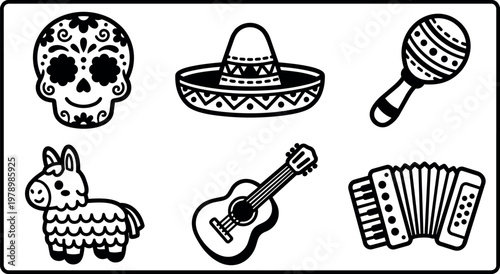 Black and white mexican day of the dead sugar skull with sombrero maracas guitar and piñata icons