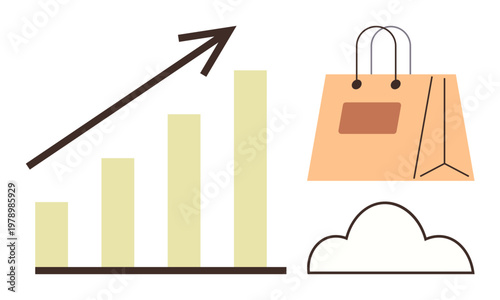 E-commerce, business growth, online shopping, data trends, retail, cloud services. Bar graph with arrow, shopping bag and cloud symbol. E-commerce and business growth concept