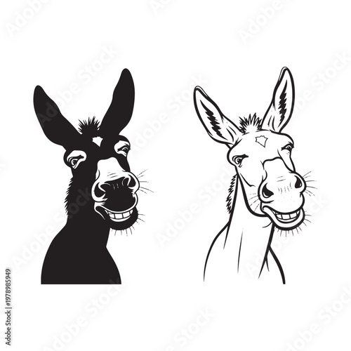 Black and white donkey head illustrations on white background