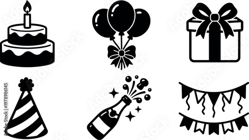 Black and white party icons cake balloon gift hat bottle flags vector art