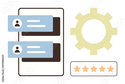 User experience, app development, feedback systems, software design, customer interaction, tech workflows. Chat bubbles, a gear and a rating system are . User experience and app development concept